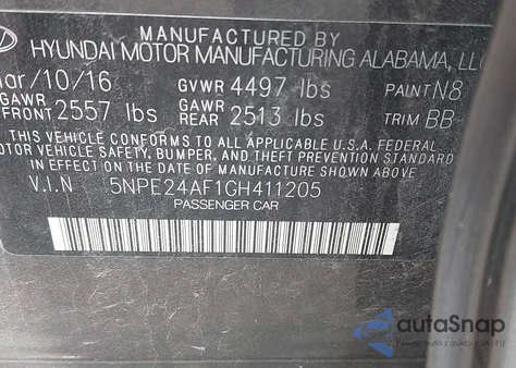 2016 Hyundai Sonata z USA, uszkodzony, nr VIN 5NPE24AF1GH411205